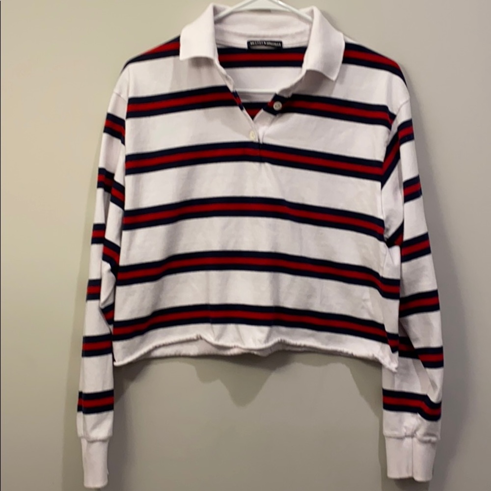 Brandy Melville Cropped Polo White Striped S